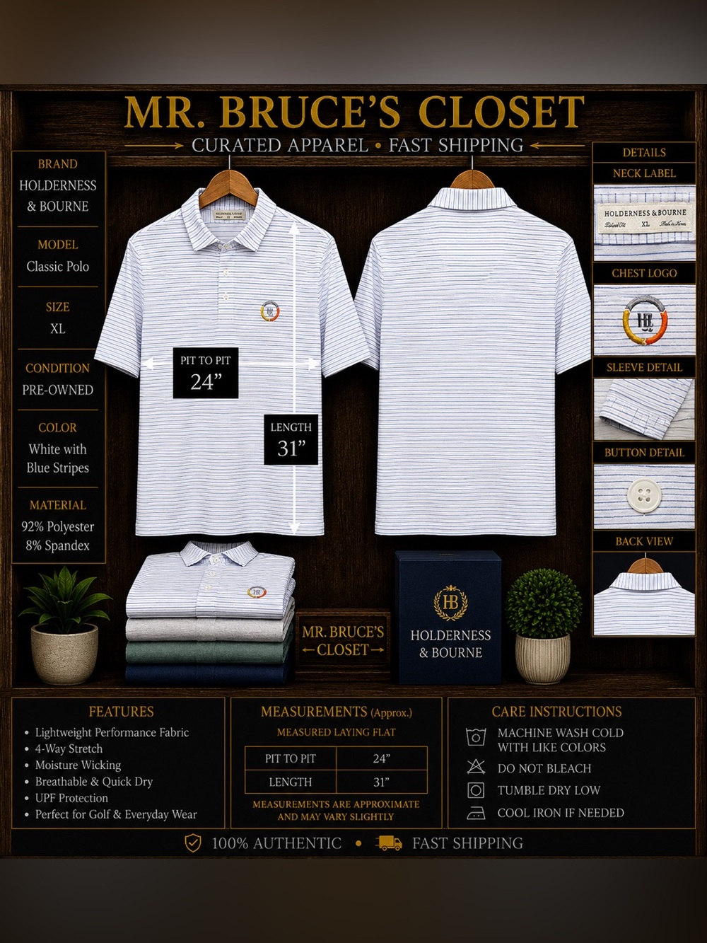 Holderness & Bourne White Polo with Blue Stripes